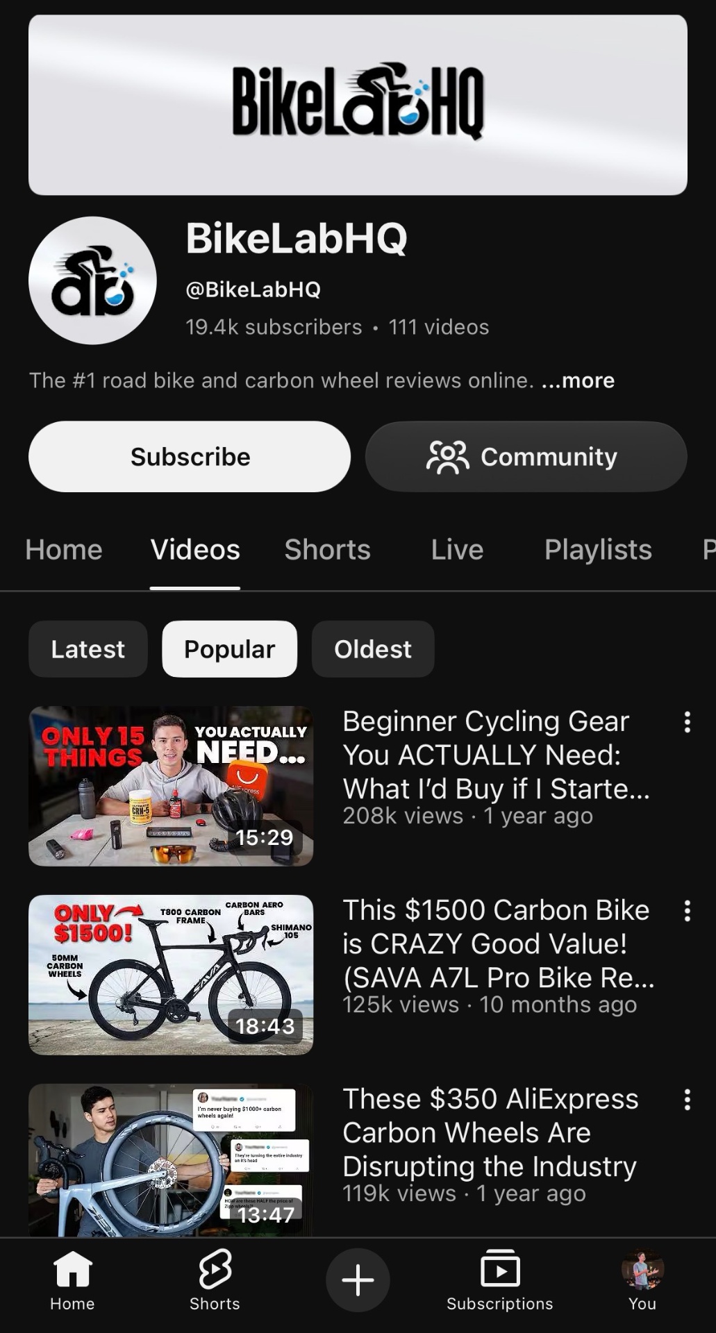 BikeLabHQ YouTube channel with 19.4k subscribers and 111 videos