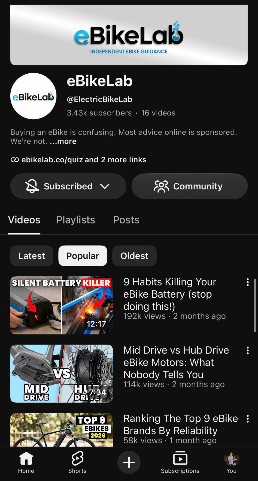 eBikeLab YouTube channel with 3.43k subscribers and viral videos