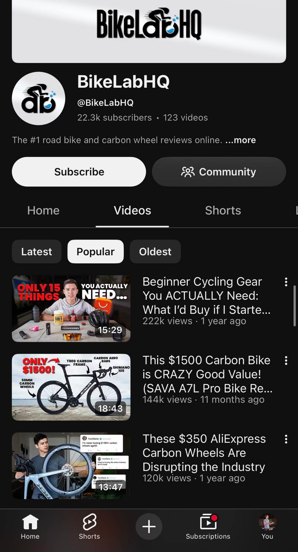 BikeLabHQ YouTube channel with 22.3k subscribers and 123 videos