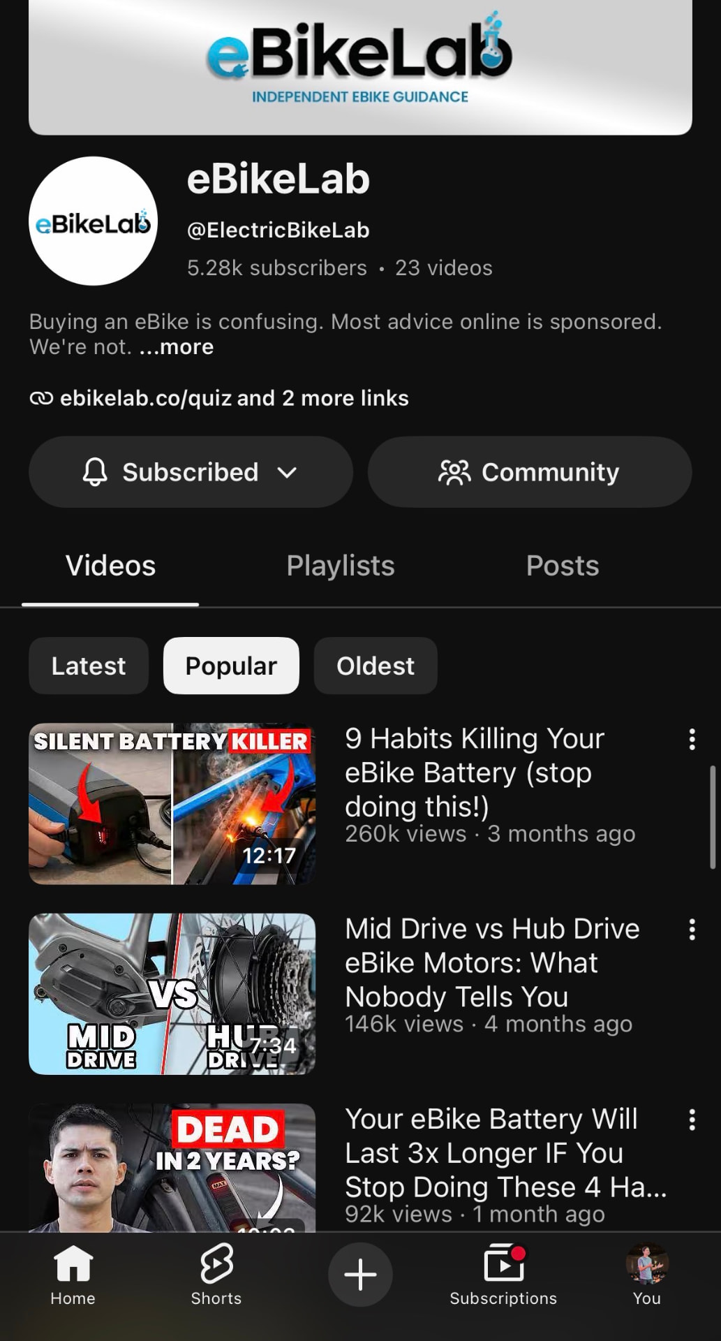 eBikeLab YouTube channel with 5.28k subscribers and 23 videos